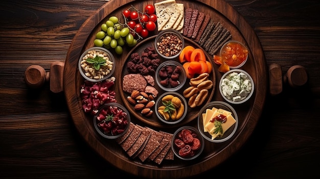 Cheese and meat platter with nuts and dried fruits Generative AI