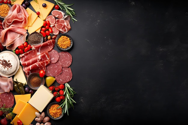 Cheese and meat snacks with a dark slate background and space for text