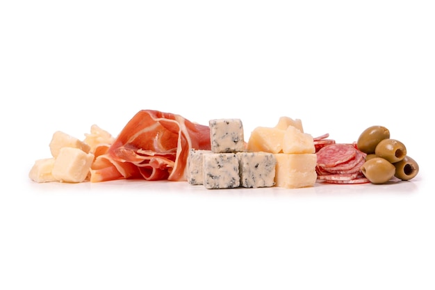 Cheese olives salami jamon isolated on a white backgrund