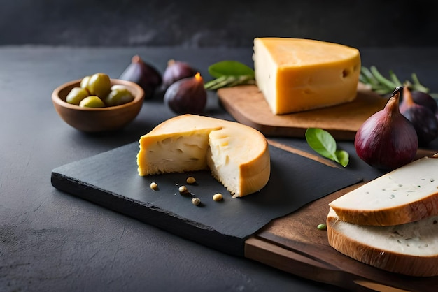 Фото Сыр на разделочной доске с оливками и оливками