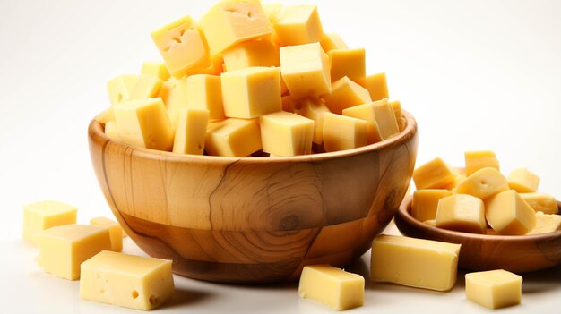 Photo cheese pieces in a wood bowl on white background