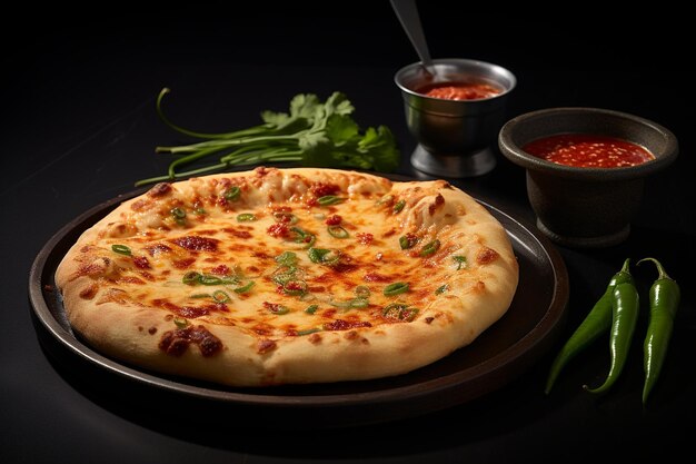 Cheese pizza served with a side of sweet chili dipping sauce