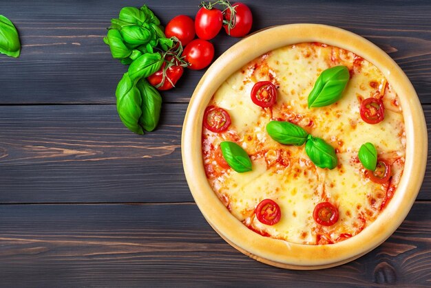 Cheese pizza with basil and cherry tomatoes on a dark wooden background