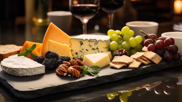 Cheese plate beautifully served in restaurant Exquisite Cheese Delights Symphony of Fromages