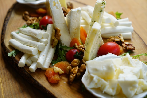 Cheese plate prepared with various cheeses