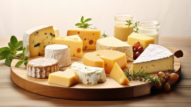 写真 木製の背景にぶどうとナッツで提供されたチーズプレート