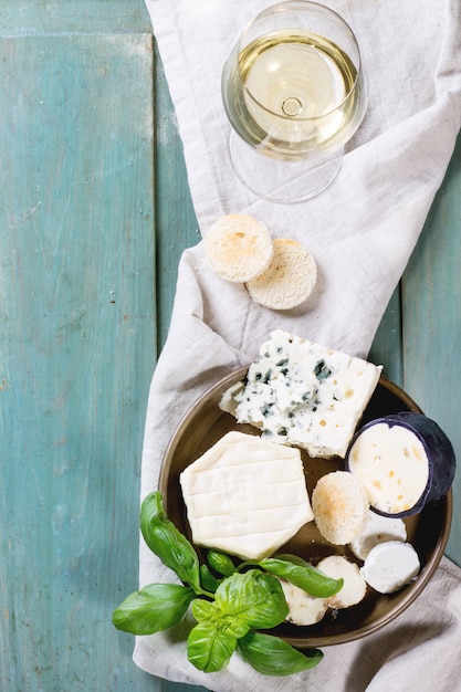 Cheese plate on tablecloth