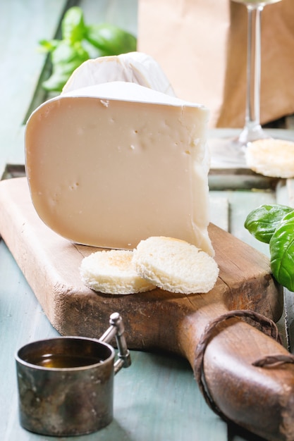 Cheese plate on tablecloth