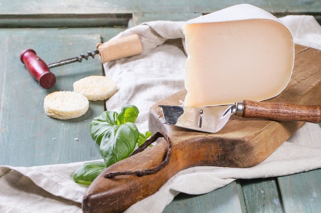 Cheese plate on tablecloth