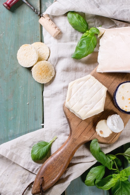 Cheese plate on tablecloth