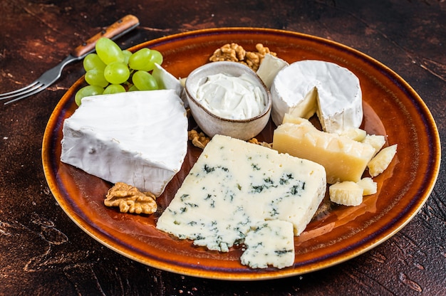 Cheese plate with Brie, Camembert, Roquefort, blue cream cheese, grape and nuts