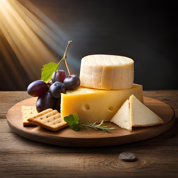 A cheese plate with a bunch of grapes and cheese on it