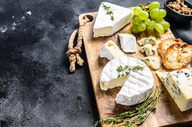 Cheese plate with Camembert, brie and blue cheese with grapes and walnuts