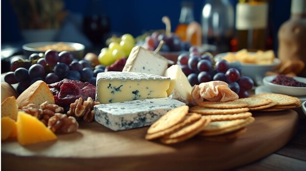 Cheese plate with grapes nuts and crackers on wooden board