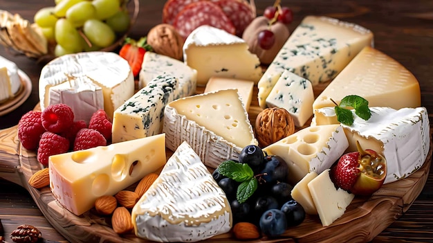 Cheese platter with assorted cheeses grapes nuts and honey
