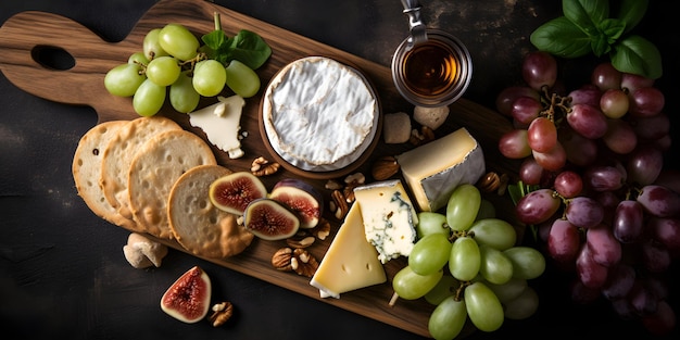 A cheese platter with figs, nuts, and cheeses on it