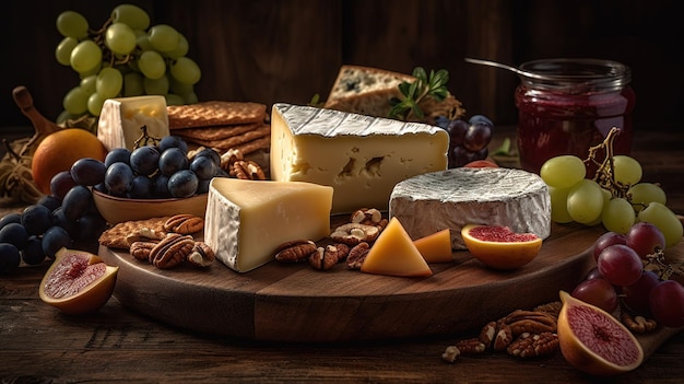 A cheese platter with fruit and nuts on it