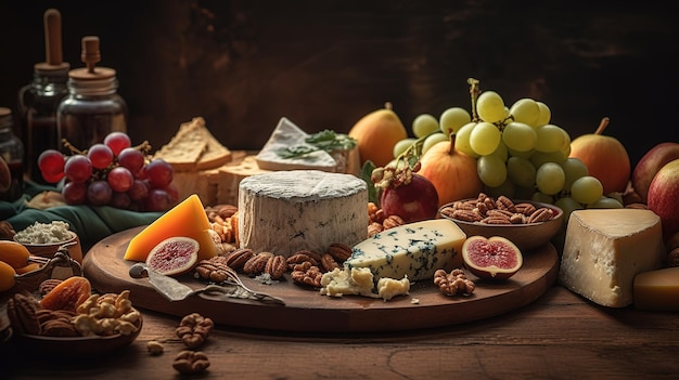 A cheese platter with fruit and nuts on it