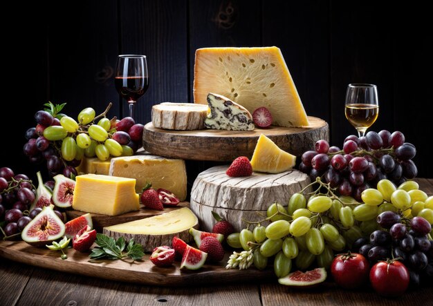 Cheese platter with grapes fruits and wine on wooden background