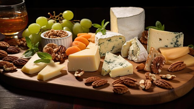 a cheese platter with grapes and nuts