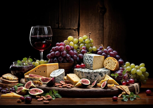 Cheese platter with grapes and red wine on a wooden table