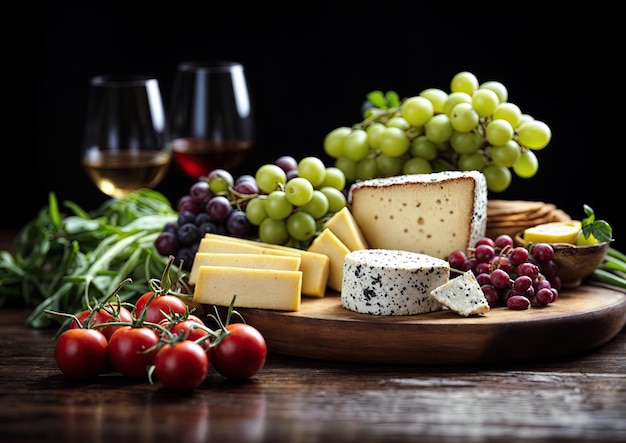 Cheese platter with grapes tomatoes and wine on wooden table