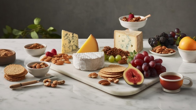 A cheese platter with nuts and cheeses on it