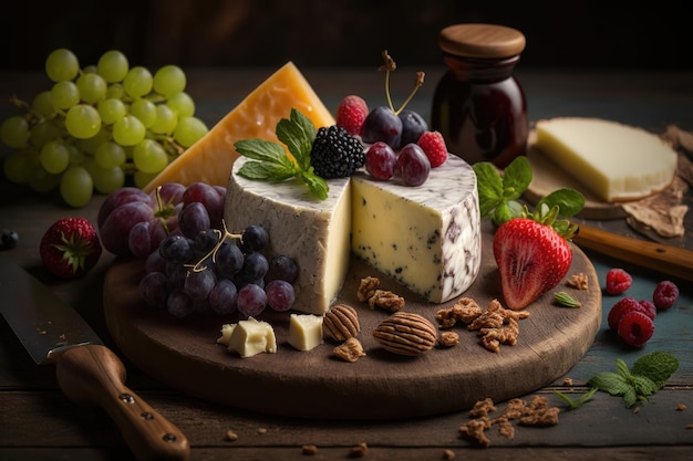나무 배경 AI Generation에 유기농 치즈 과일 견과류와 와인을 곁들인 치즈 플래터