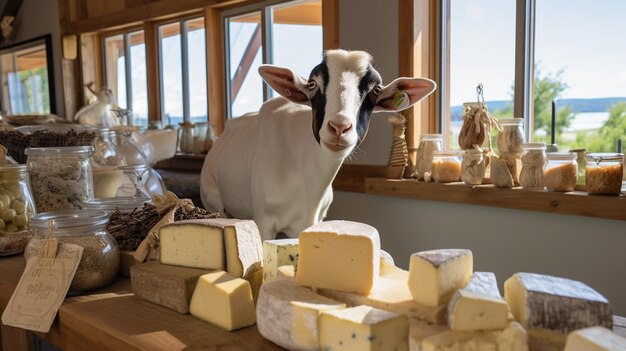 Photo cheese products on the background of goats ai generative ai