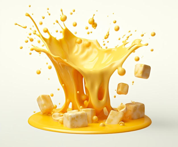 Cheese sauce splashing in the air with cheddar cheese 3d rendering Generative AI
