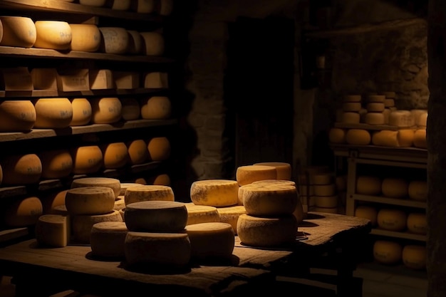 A cheese shop with a lot of cheeses on the table