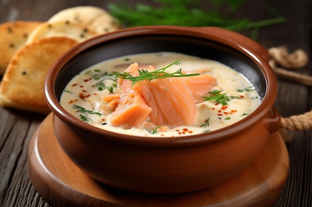 Сырный суп с лососем на деревянном фоне