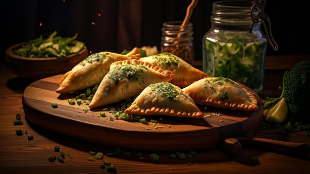 Cheese and spinach empanadas on a rustic wooden plate AI Generated