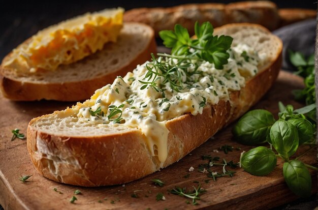 Cheese spread on baguette slices with herbs