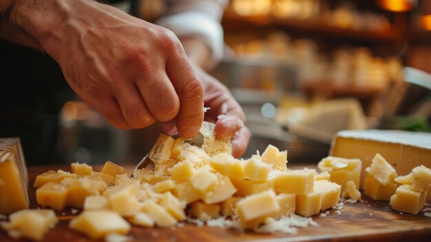 Cheese tasting event with hands sampling a piece of Gouda