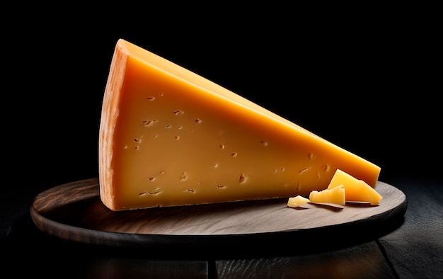 Cheese triangle on dark wooden board over black background ai generated
