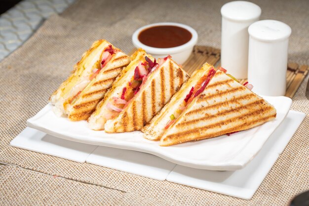 Cheese veg grilled sandwich toasted grill breakfast item top\
view in plate white background. tasty vegetarian cheesy vegetable\
with green chutney sandwich