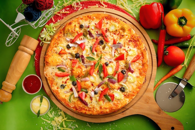 Cheese vegan pizza with tomato sauce and mayo isolated on wooden board top view of italian food on wooden background