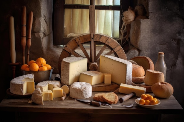 Cheese wheel cut into wedges on rustic table created with generative ai