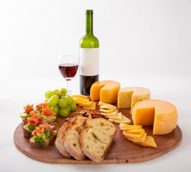 Cheese and wine board platter with nuts bread antipasti bruschetta