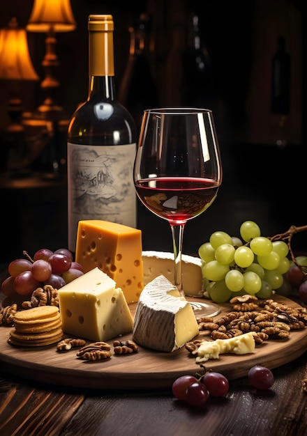 Cheese And Wine On Brown Wooden Chopping Board