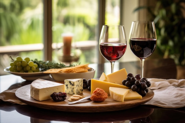 Cheese and wine pairing on elegant table setting created with generative ai