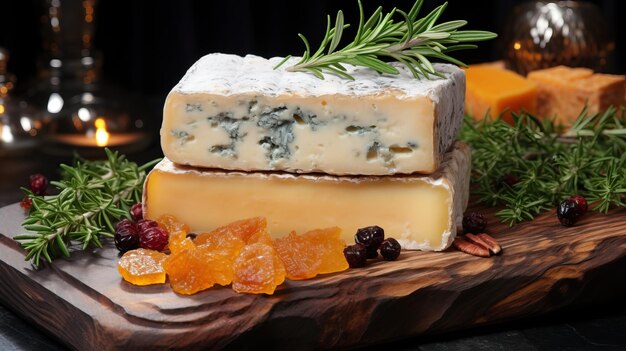 Photo a cheese with dried fruit and nuts on a wooden board