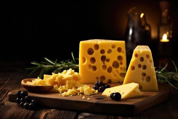 블랙 올리브 음식 컨셉으로 테이블에 구멍이 있는 치즈 Generative Ai