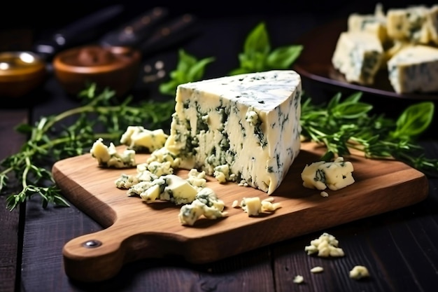 Cheese with mold and herbs on wooden board Camembert and dorblu on wooden background Dairy products