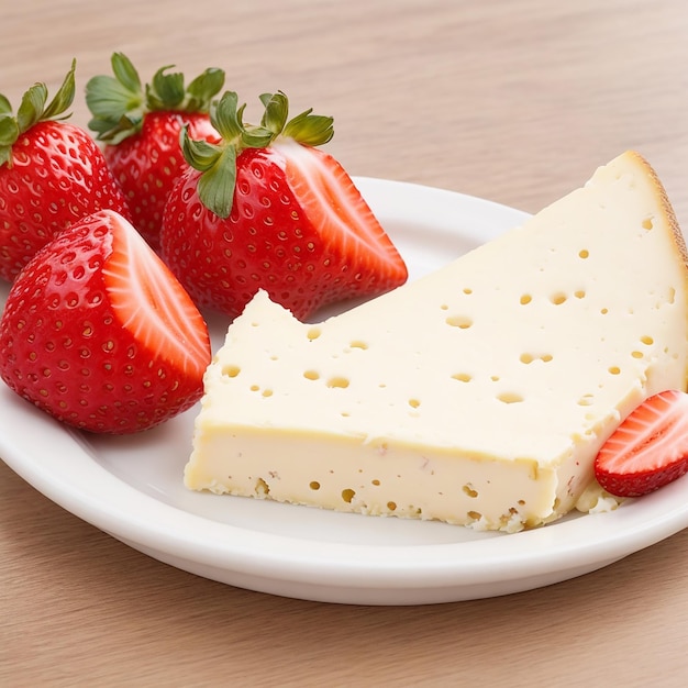 Cheese with strawberries on a plate on a wooden table