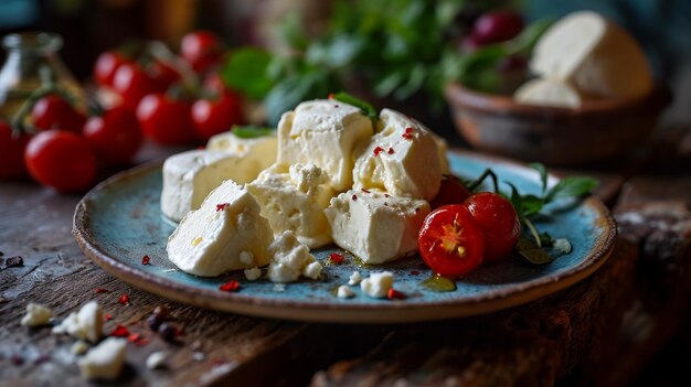 Photo cheese with tomatoes and olive oil on a blue plate light breakfast with suluguni cheese in village