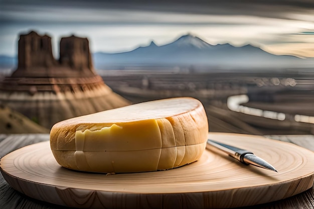 A cheese on a wooden board with a knife next to it.