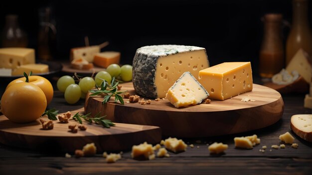 cheese on a wooden table on a dark background