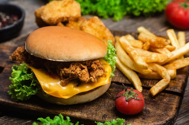 Cheeseburger Aardappelnuggets op een houten plank